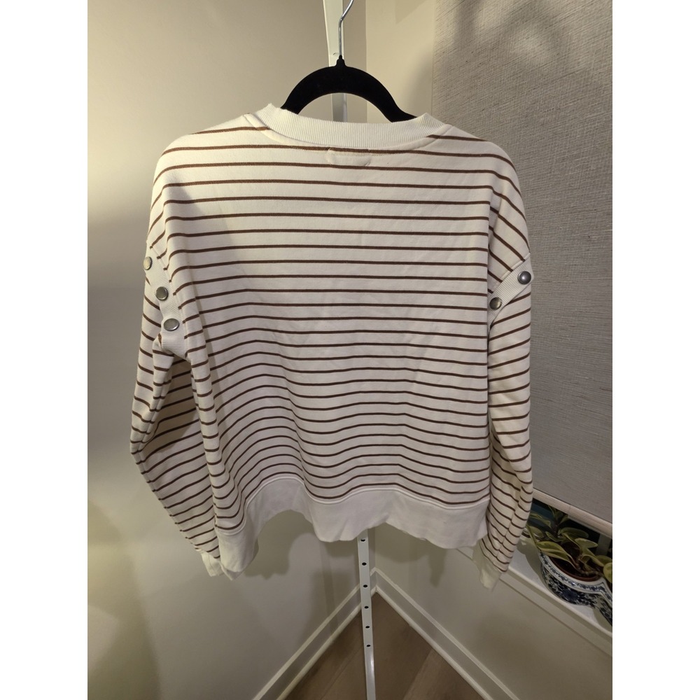 Evereve Womens L Striped Snap Shoulder Sweatshirt Cream Brown Preppy Nautical - Picture 13 of 14